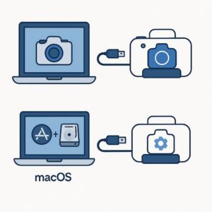 HP Photosmart 435 디지털카메라 USB 연결 – Windows 11 노트북과 macOS 컴퓨터에 연결해 사진을 전송하는 과정을 보여주는 일러스트