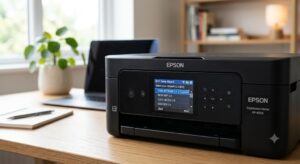 엡손 Expression 프린터(XP-4205) 컬러 LCD 액정 화면에 2.4GHz 와이파이 네트워크 이름 목록과 설정 마법사 메뉴가 표시되고 있는 근접 촬영 사진