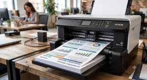 2026년형 Epson WorkForce Pro 프린터에서 선명한 컬러 보고서 문서가 고속으로 출력되는 모습