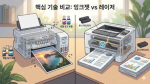 프린터 핵심 기술인 잉크젯과 레이저의 출력 원리 및 내부 구조를 대비하여 설명한 정보성 인포그래픽 일러스트