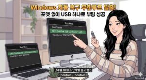 Windows 부팅 오류 및 BCD 복구를 위해 설치 USB를 선택하여 부팅 메뉴(Boot Menu)에 진입하는 과정을 보여주는 본문 이미지.
