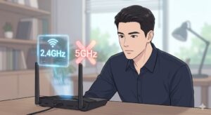공유기 주파수 2.4GHz 대역과 5GHz 대역의 차이를 확인하는 남성 전문가 일러스트