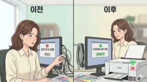 Epson 프린터 드라이버 설치 실패로 장치 인식 오류가 발생한 상황과 올바른 설치 진행 후 정상적으로 드라이버 정착이 완료된 해결 상황을 시각적으로 대조하여 보여주는 블로그 본문용 이미지.