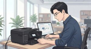 HP OfficeJet Pro 8710 드라이버 설치 가이드에 따라 노트북 화면의 100% 완료 메시지를 확인하며 인쇄 오류를 해결하는 무선 복합기 세팅 일러스트
