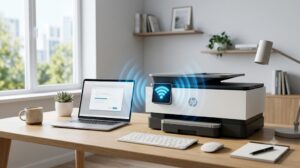 HP 프린터 연결 안 됨 문제를 해결하기 위해 무선 Wi-Fi 신호를 동기화하는 모습