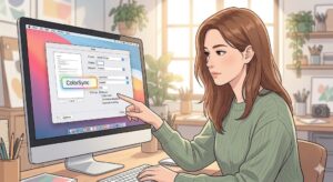 macOS 인쇄 대화 상자에서 ColorSync 메뉴를 선택하여 모니터와 출력물 색상을 일치시키는 설정 과정
