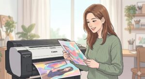 고성능 프린터 옆에서 macOS 설정을 마치고 선명하게 출력된 테스트 페이지를 확인하며 만족스럽게 미소 짓는 전문가의 일러스트