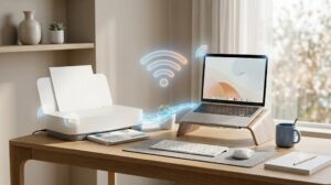 노트북과 무선 Wi-Fi 프린터가 네트워크로 연결되어 신호를 주고받는 모습