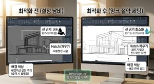 선 굵기 최소화 및 채우기 제거 등 잉크를 아끼는 플로터 출력 설정법 적용 전후를 비교한 CAD 화면.