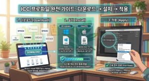 ICC 프로파일의 다운로드, 설치, 적용 3단계 과정을 운영체제별로 나누어 알기 쉽게 정리한 튜토리얼 일러스트.