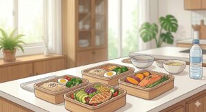 깔끔한 현대식 주방 조리대 위에 닭가슴살 샐러드, 현미밥, 아보카도, 연어구이 등으로 구성된 건강한 탄단지 다이어트 도시락들이 정갈하게 놓여 있는 본문용 일러스트 이미지
