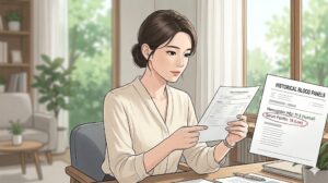 검진 결과지 속 헤모글로빈 외에 MCV와 페리틴 수치 기호를 꼼꼼히 대조하며 분석하는 여성의 본문용 일러스트 이미지