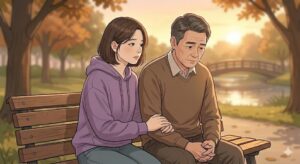 우울증으로 힘들어하는 가족 곁에 공원 벤치에 나란히 앉아, 묵묵히 온기를 전하며 위로하는 모습