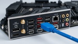 데스크톱 메인보드 후면 패널의 USB 3.0 및 Type-C 포트에 케이블을 직접 연결하는 클로즈업 사진