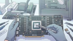 그래픽카드 온도 높음 문제를 해결하기 위해 정밀한 선화 기반의 일러스트로 표현된 GPU 칩셋에 써멀구리스를 새로 도포하는 과정