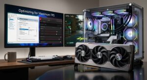 듀얼 모니터 화면에 그래픽카드 제어판 설정 창과 데스크톱 PC 본체가 놓여 있는 실물 오브제 이미지