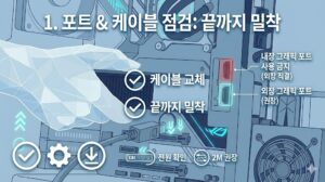 HDMI 케이블 올바른 포트 위치 확인, 외장 그래픽카드 밀착 결합, 모니터 연결 오류 점검