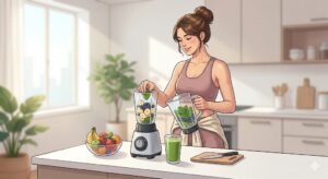 아침 햇살이 드는 주방 조리대에서 한 여성이 요요 없이 체중 유지하는 법을 위해 믹서기로 건강한 주스를 만들며 습관 루틴을 실천하는 일러스트 본문 이미지