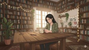 따뜻한 조명이 켜진 책장 앞, 찻잔을 든 채 조용히 내면의 생각을 정리하고 있는 20대 여성의 모습