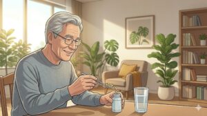 따뜻한 채광이 비치는 거실에서 부모님의 황반변성 예방을 위해 루테인과 아스타잔틴 아연이 함유된 영양제 알약을 손바닥에 정성스럽게 덜어내는 모습을 담은 본문용 이미지.