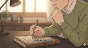 조용한 방에서 묵묵히 일기장에 속마음을 써 내려가며 자신을 돌아보는 중년의 모습