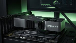 메인보드에 안정적으로 장착된 NVIDIA GeForce RTX 그래픽카드와 상단 모니터에 표시된 시스템 모니터링 화면