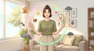 중앙의 여성 일러스트 주변으로 보상 심리 전환, 지속 가능한 생활 방식, 감정 식습관 통제 등 감량 후 요요를 막기 위한 5가지 심리 전환 전략과 3가지 심리 루틴 설계법이 요약된 본문 인포그래픽 이미지