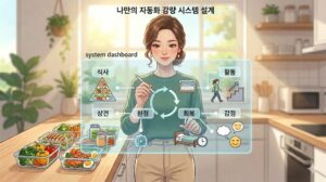 머리를 뒤로 묶은 귀여운 여성 일러스트 주변으로 식사 루틴, 활동 루틴, 회복 루틴, 감정 루틴 등 나에게 맞는 체중 감량 루틴을 구성하는 4가지 필수 요소와 실전 전략 가이드가 깔끔하게 정리된 본문 인포그래픽 이미지