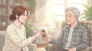 따뜻한 채광이 들어오는 정갈한 거실에서 30대 딸이 70대 노인 아버지를 위해 소화력과 흡수율을 고려한 갈색 유리병의 영양제를 다정하게 챙겨드리는 모습을 담은 본문 이미지.