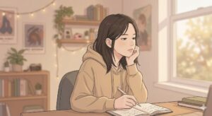 책상에 앉아 일기장에 마음을 조용히 기록하며 내면을 들여다보는 청소년의 모습