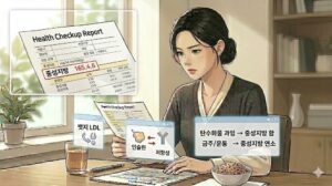 좌측 상단에 중성지방 수치가 강조된 검사지와 하단에 인슐린 저항성, 뱃지 LDL, 대사 관리 실천 가이드 윈도우가 합성되어 나타난 본문용 일러스트 이미지