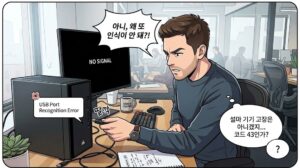 컴퓨터 본체 전면에 USB를 꽂으며 인식 오류 문제를 확인하는 사용자의 모습