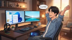 윈도우11 IRQL_NOT_LESS_OR_EQUAL 블루스크린 오류를 수동 조치로 완벽하게 해결하고 미소 짓는 남성의 웹툰풍 일러스트