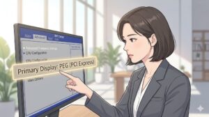 메인보드 BIOS 메뉴에서 내장 그래픽 대신 외장 그래픽을 우선 인식하도록 PEG 설정을 선택하는 가이드 일러스트