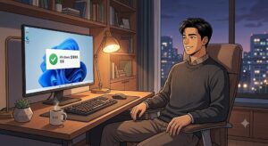 Windows 11 시스템 복구 후 0x80070002 오류를 해결하고 미소 지으며 모니터를 바라보는 남성
