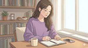 우울증 자가관리, 따뜻한 창가에 앉아 차분하게 감정 일기를 쓰며 마음을 다독이는 여성의 모습
