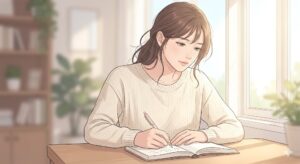 우울증 치료 과정에서 따뜻한 햇살이 들어오는 창가에 앉아 차분하게 일기를 작성하는 여성 일러스트
