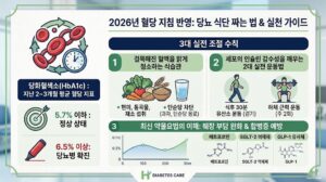 2026년 혈당 지침을 반영하여 당화혈색소 정상 기준과 당뇨 식단 짜는 법, 3대 실전 조절 수칙 및 최신 약물요법의 이해를 시각적으로 정리한 본문 요약 인포그래픽