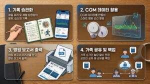 기록 습관화, CGM 데이터 활용, 병원 보고서 출력, 가족 공유 및 백업을 나타내는 혈당 관리 4단계 인포그래픽