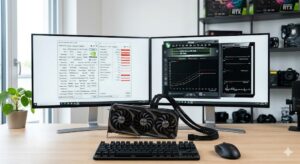 GPU-Z MSI Afterburner 사용법 가이드에 따라 그래픽카드 수치 모니터링 및 팬 곡선 제어 화면을 띄워둔 본문 이미지