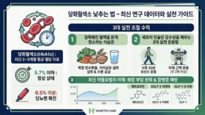 당화혈색소 정상 기준과 낮추는 법을 위한 3대 실전 조절 수칙 및 최신 약물요법 원리를 시각화한 본문 인포그래픽 일러스트
