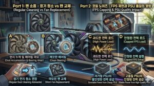 래픽카드 소음의 두 가지 주원인인 팬 소음과 코일 노이즈를 정밀 분석하고 해결책을 제시하는 상세 인포그래픽