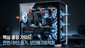 2026년 케이스 쿨링 최적화를 위해 전면과 하단에서 차가운 공기를 유입하고 상단과 후면으로 뜨거운 공기를 배출하는 공기 흐름 가이드 이미지