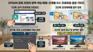 공식 파일 다운로드, 운영체제별 폴더 설치 경로, 포토샵 및 라이트룸 색상 관리 세팅, 인쇄 결과 비교까지 EPSON 포토 프린터의 ICC 프로파일 설정 4단계를 요약한 인포그래픽.