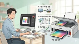 모니터 화면에 켜진 Canon G3020 전용 스캔 프로그램 IJ Scan Utility를 사용하여 문서를 스캔하고, 복합기에서 깔끔한 이미지와 다중 PDF 파일로 변환하여 저장하는 과정을 직관적으로 보여주는 블로그 본문용 이미지.