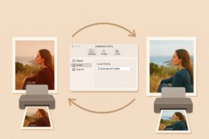 macOS 사진 인쇄 색상 왜곡을 ICC 프로파일과 ColorSync로 보정하는 프리미엄 사진 작업 환경 장면