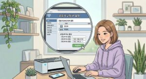 노트북으로 공유기 관리자 페이지에 접속해 무선 프린터의 고정 IP를 설정하는 모습