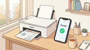 캐논 프린터 스마트폰 연결 완료 후 모바일 앱을 통해 문서를 인쇄하는 모습