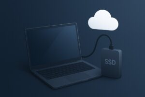노트북과 외장 SSD, 클라우드 아이콘이 연결된 세련된 백업 일러스트