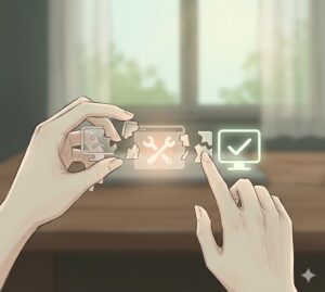 윈도우 부팅 오류의 핵심 원인인 깨진 BCD 파일을 정성스럽게 수리하여 시스템을 안전하게 정상화하는 복구 과정 일러스트